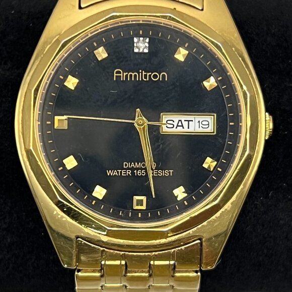 ARMITRON Gold and Black Diamond Mens Watch Working - Picture 4 of 6